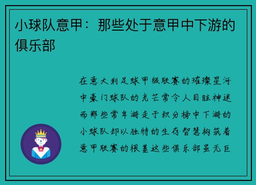 小球队意甲：那些处于意甲中下游的俱乐部